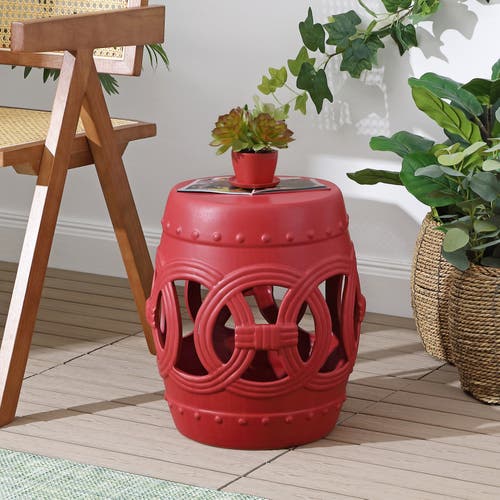 Shop Jonathan Y Lucky Coins 16" Chinese Ceramic Drum Garden Stool In Matte Red