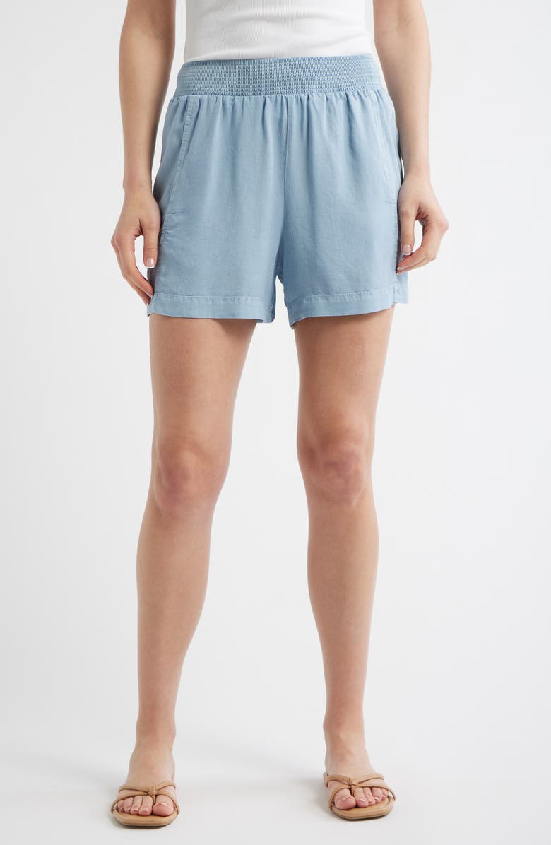 Bernardo Smocked Waist Shorts, Main, color, Washed Indigo