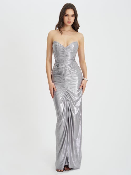 Miss Circle Sable Ruched Glitter Mermaid Gown In Silver