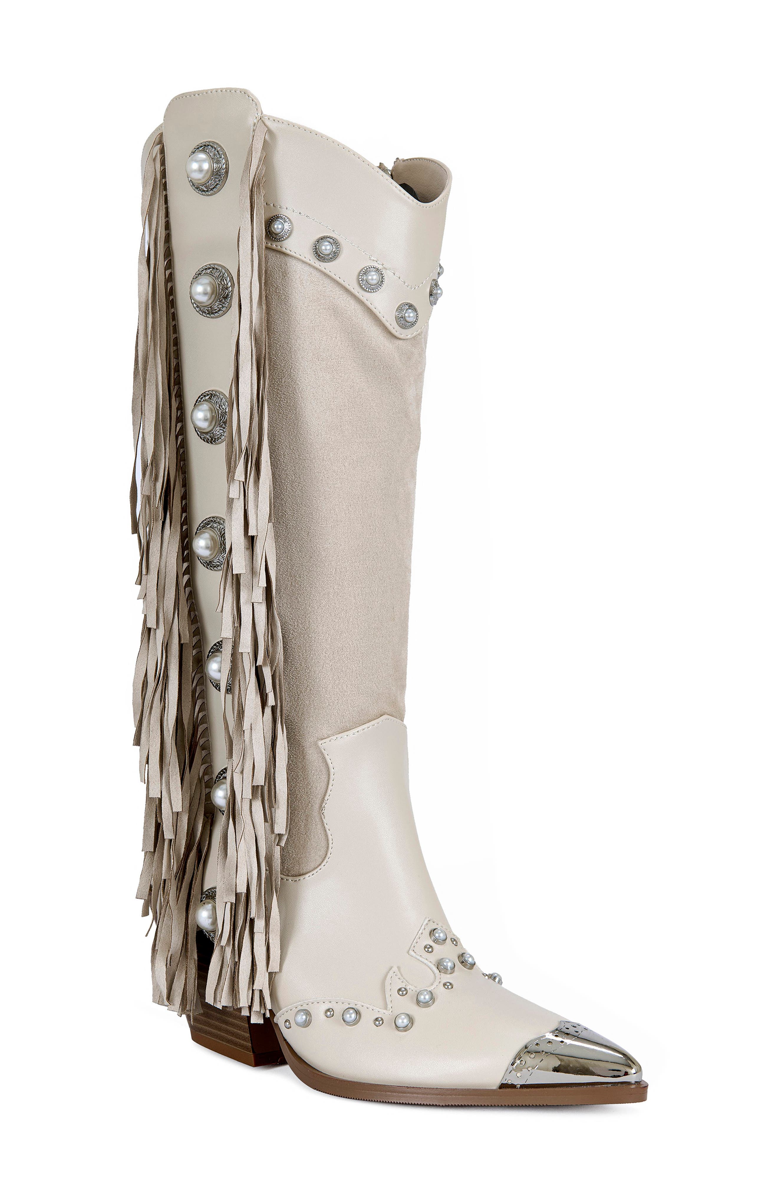 AZALEA WANG Pelagius Fringe Western Boot, Main, color, Cream