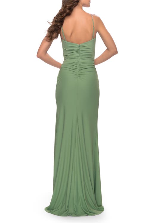 La Femme Long Ruched Jersey Gown With V-neckline