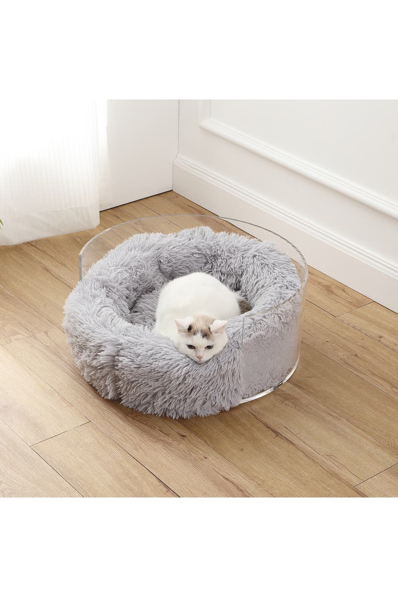 Bette 20.75" x 20.75" Small/Medium Modern Lucite Calming Fluffy Donut Pet Bed with Washable Cover, Alternate, color, Light Gray/Clear