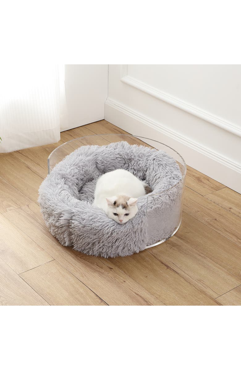 The Licker Store Bette 20.75" x 20.75" Small/Medium Modern Lucite Calming Fluffy Donut Pet Bed with Washable Cover, Alternate, color, Light Gray/Clear