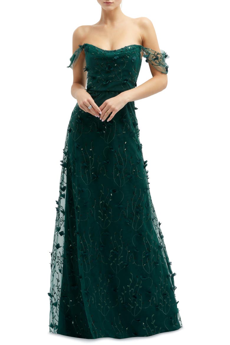 3D Embroidered Off the Shoulder Gown, Main, color, EVERGREEN