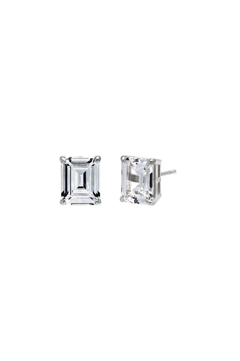 CZ Emerald Cut Prong Set Stud Earring, Main, color, Silver