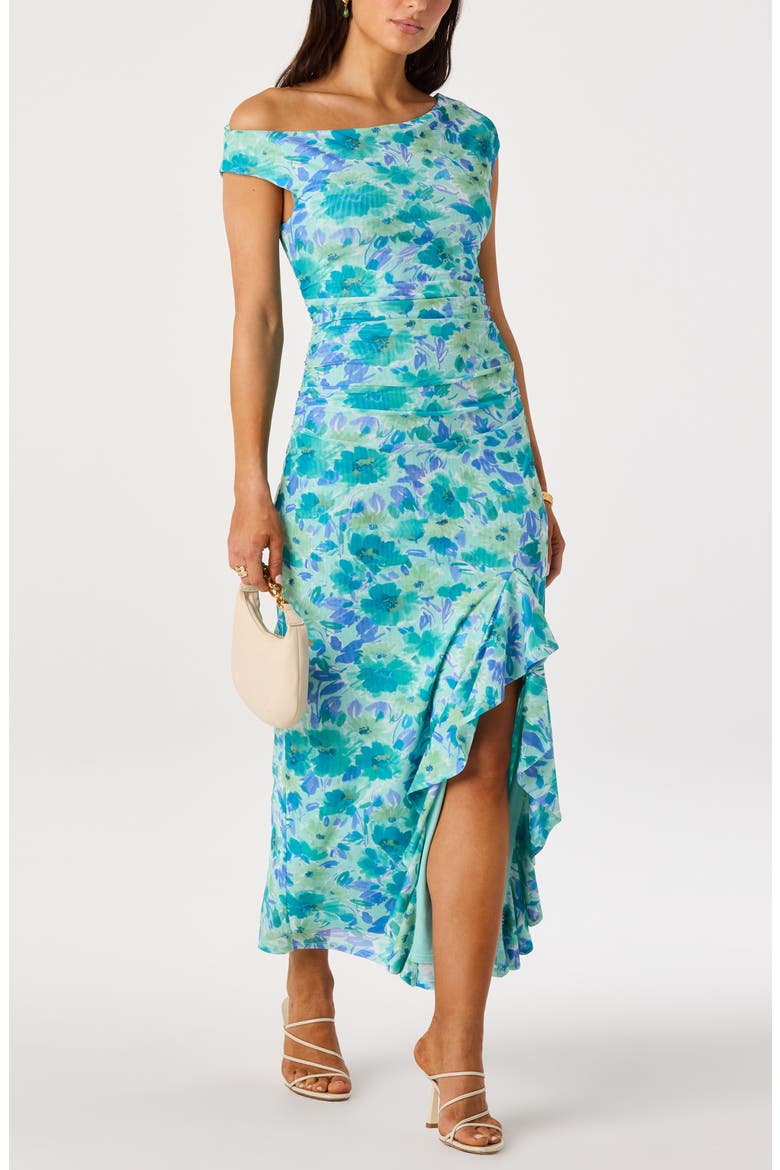 Ruched One-Shoulder Maxi Dress, Alternate, color, BLUE FLORAL