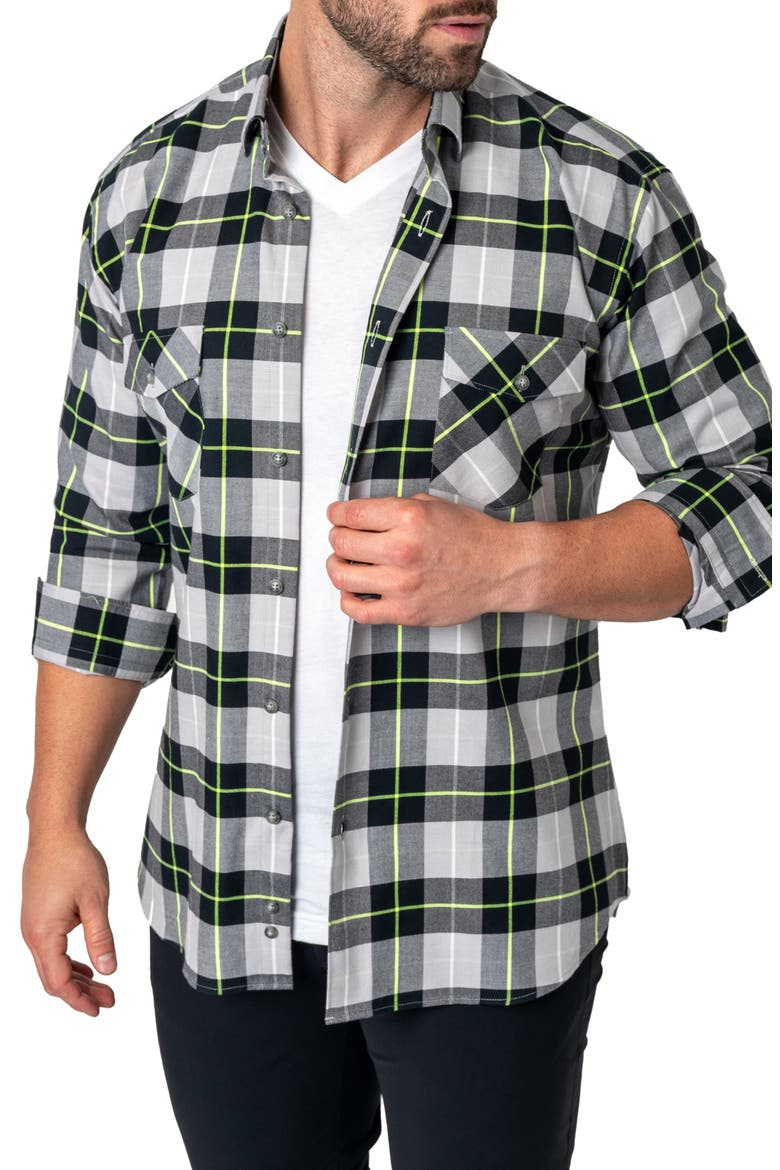 Plaid Embroidered Cotton Flannel Button-Up Shirt, Alternate, color, BLACK