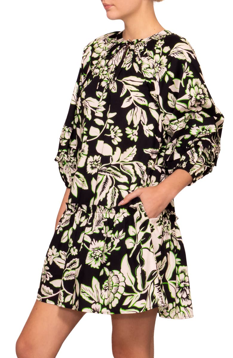 MELLODAY Floral Balloon Sleeve Babydoll Minidress, Alternate, color, Black Ivory