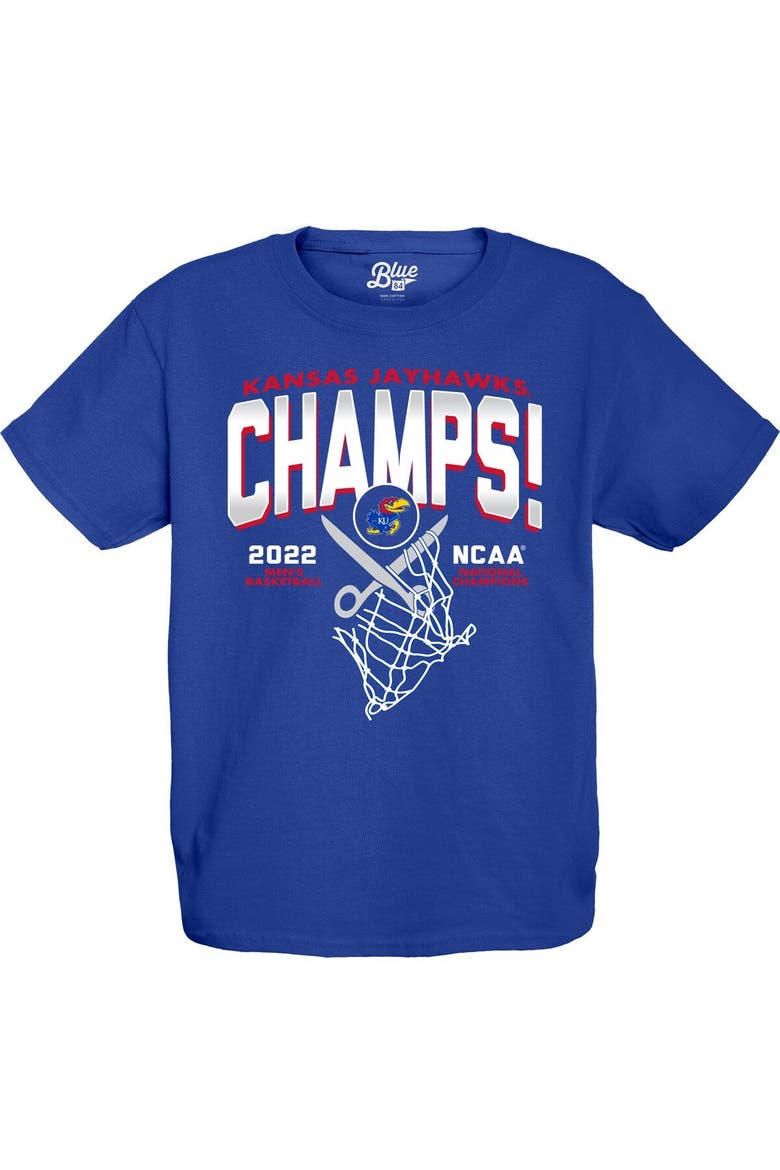 Youth Blue 84 Royal Kansas Jayhawks 2022 NCAA Men's Basketball National Champions Cut The Net T-Shirt, Alternate, color, Royal