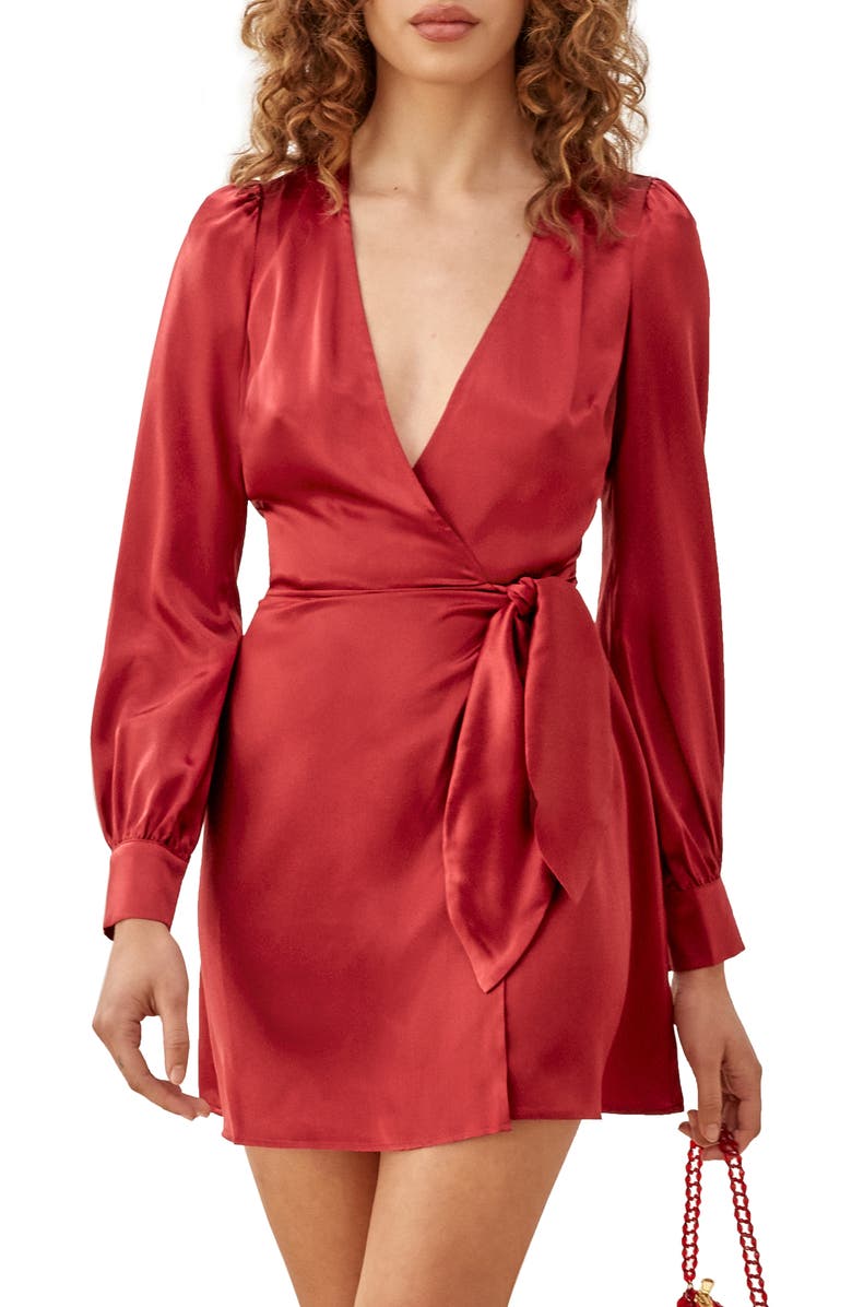 Reformation Kenna Silk Long Sleeve Wrap Minidress, Main, color,