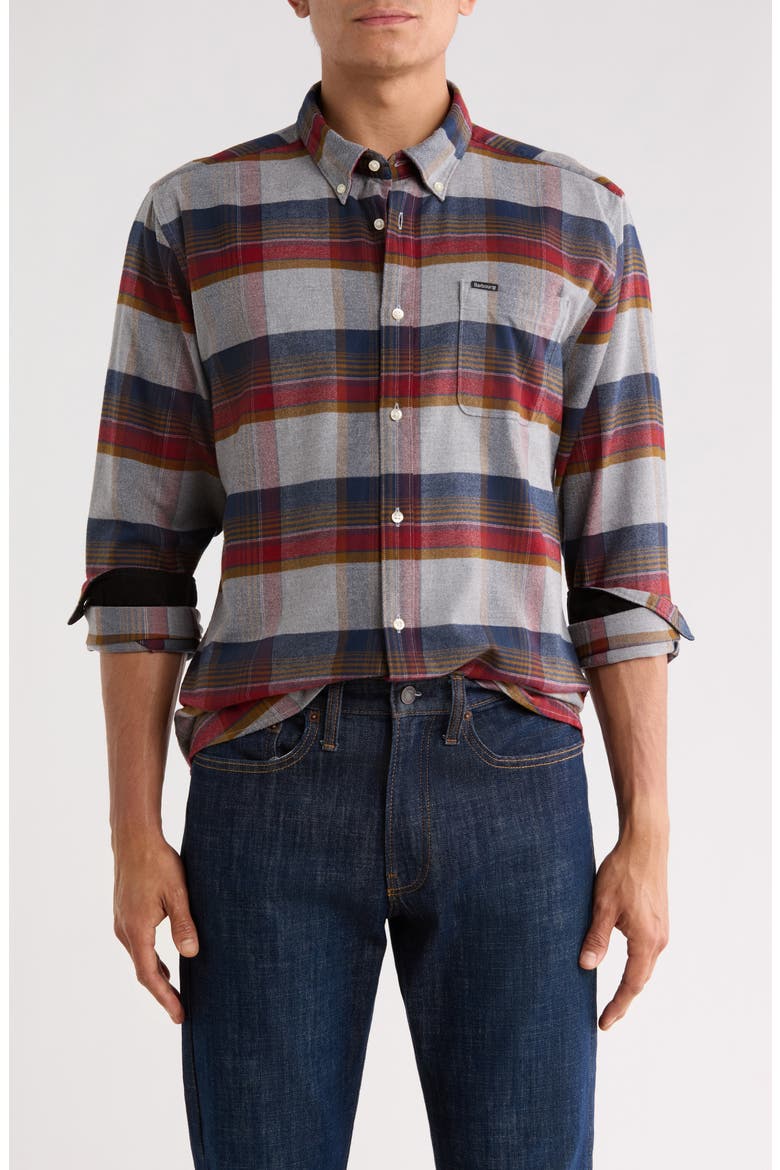 Portdown Tailored Fit Plaid Button-Down Shirt, Main, color, LIGHT GREY MARL