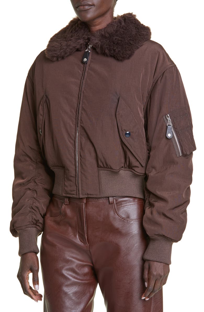Stella McCartney Recycled Nylon Bomber Jacket with Faux Fur Collar, Alternate, color,