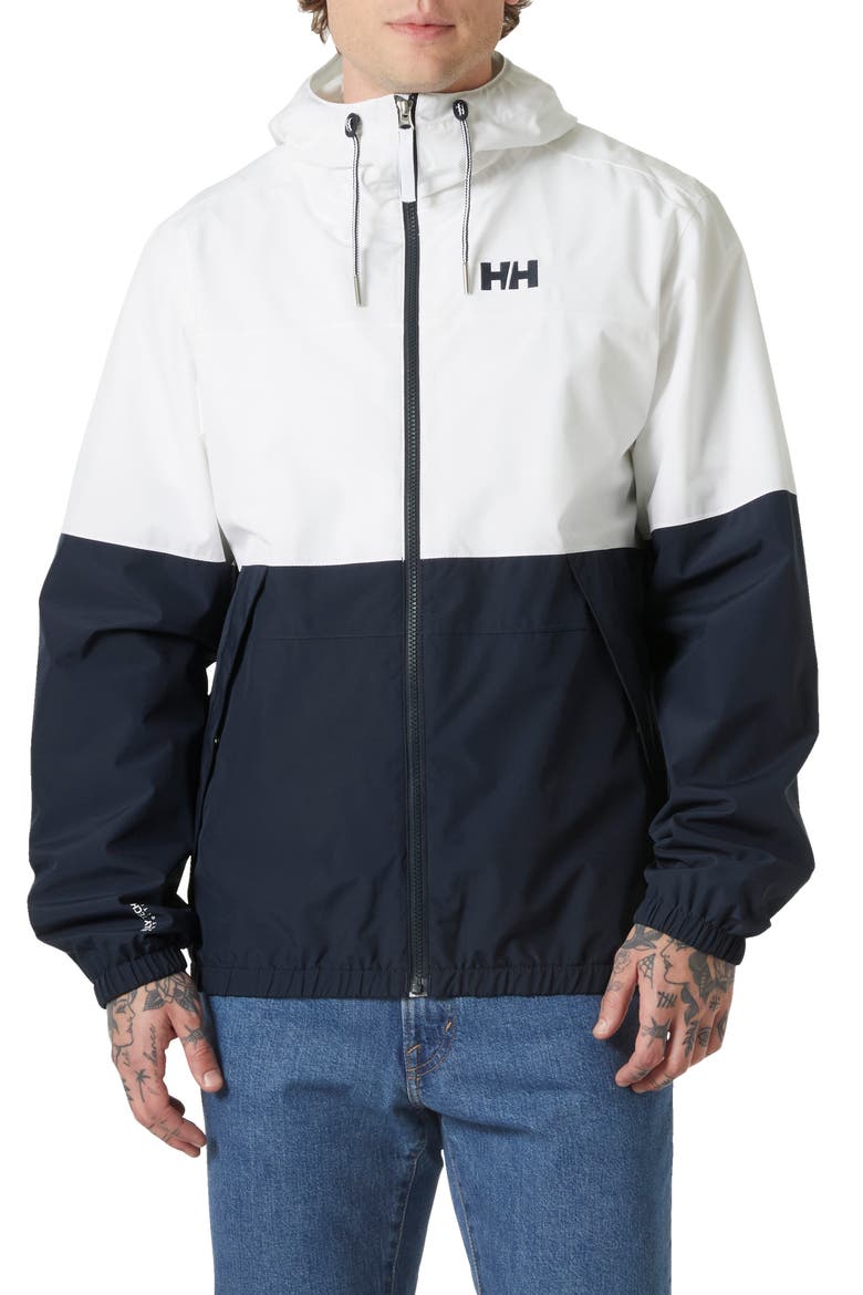 Koster Waterproof Hooded Rain Jacket, Main, color, WHITE/ NAVY
