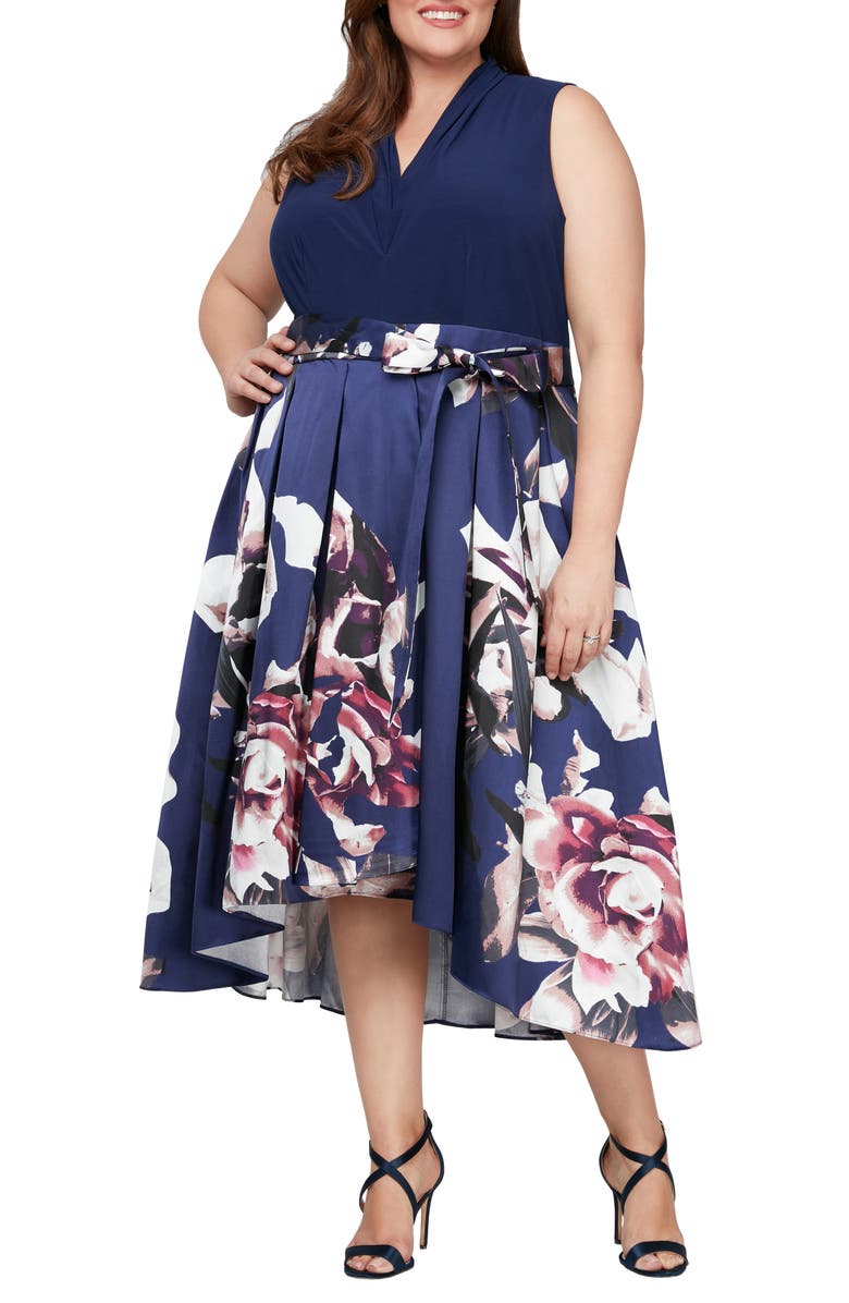 SL FASHIONS Floral Tie Belt High-Low Cocktail Dress, Main, color, Navy Multi