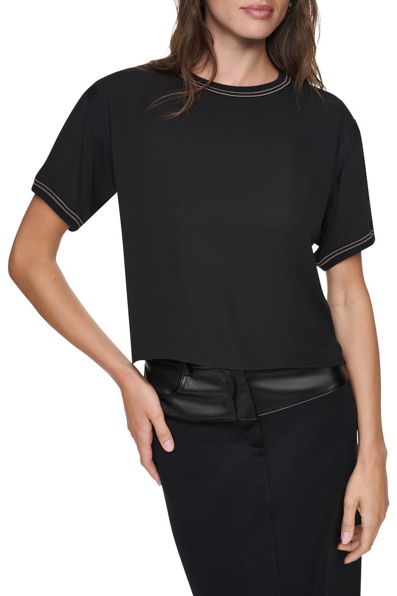 Contrast Stitch Dolman Sleeve Mixed Media Top, Main, color, BLACK