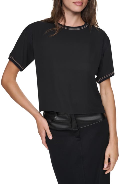 Contrast Stitch Dolman Sleeve Mixed Media Top