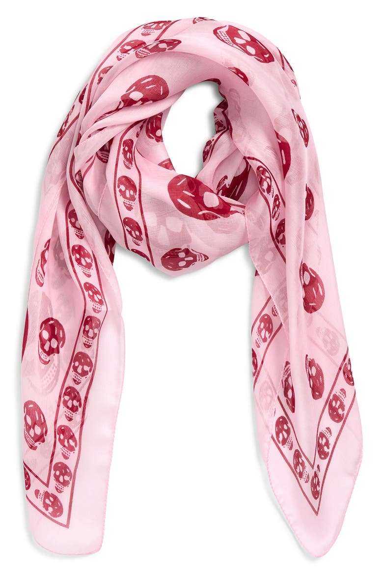 Skull Print Silk Scarf, Alternate, color, POWDER PINK/ RASPBERR