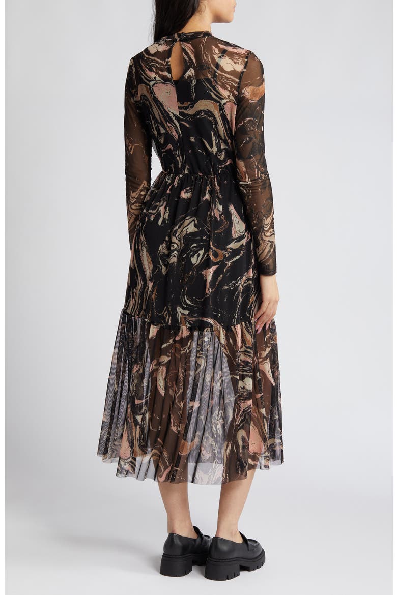 Marble Long Sleeve Mesh Midi Dress, Alternate, color, BLACK MARBLE