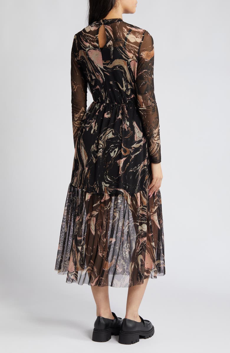 Dressed in Lala Marble Long Sleeve Mesh Midi Dress, Alternate, color, Black Marble