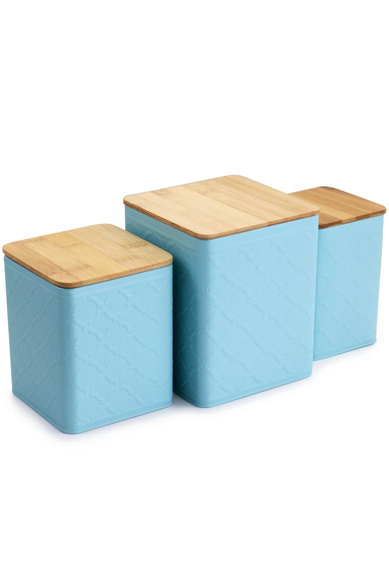 3 Piece Square Iron Kitchen Canister Set with Wood Lids, Alternate, color, Turquoise