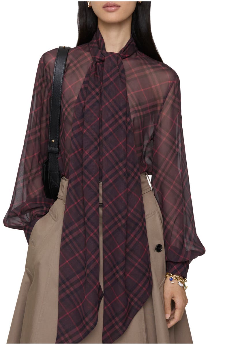 Burberry Check Silk Scarf Blouse, Main, color, Wine Red