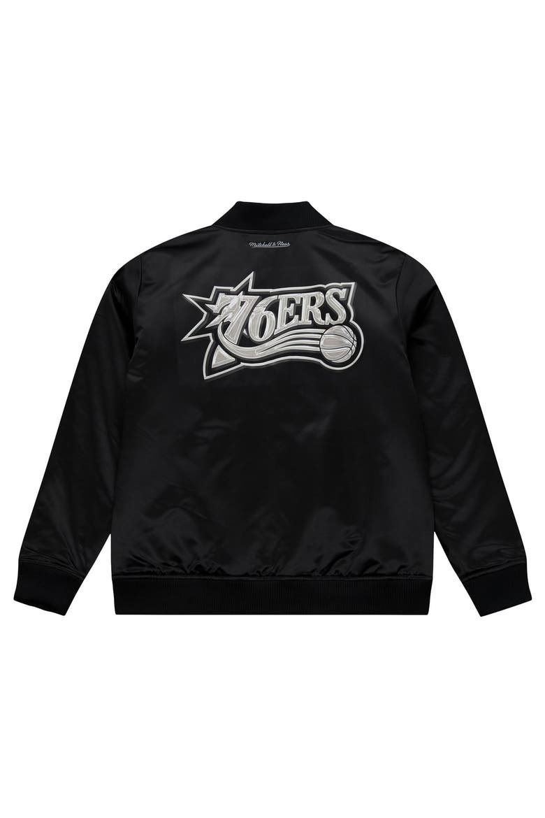 Men's Mitchell & Ness Black Philadelphia 76ers Chrome Satin Bomber Full-Zip Jacket, Alternate, color, Black