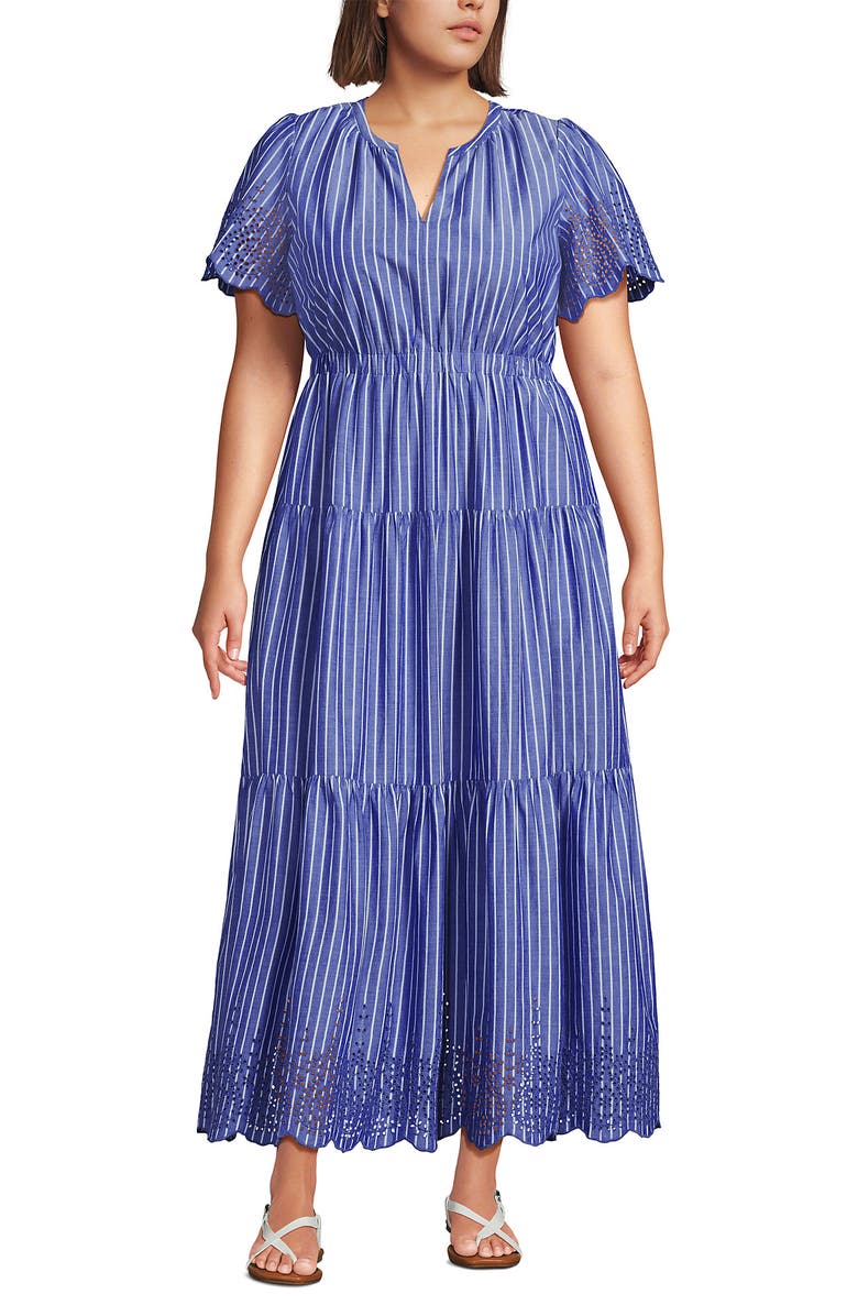 Lands' End Tiered Cotton Poplin Eyelet Maxi Dress, Main, color, Sapphire Gem Stripe Eyelet