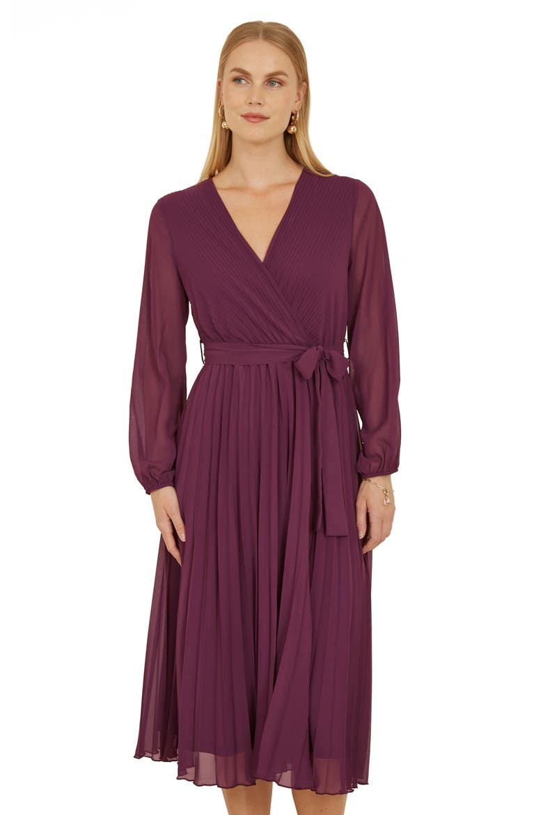 Long Sleeved Pleated Midi Wrap Dress, Alternate, color, Plum