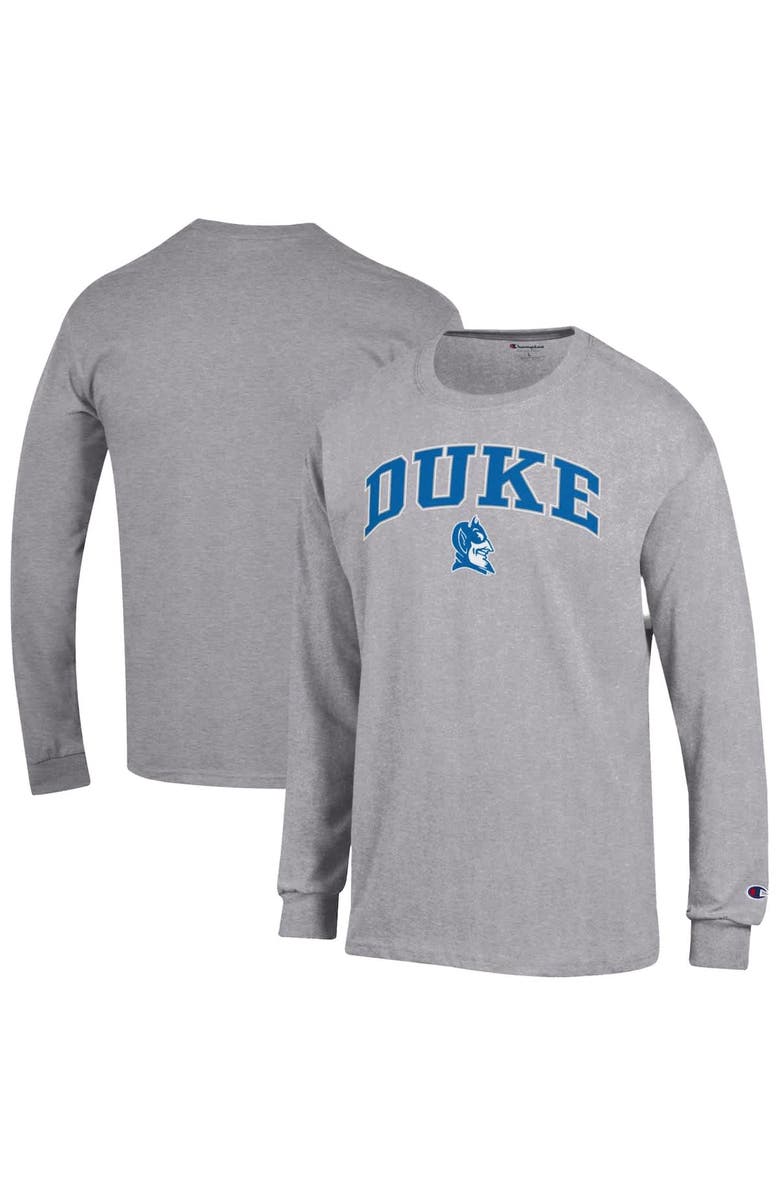Champion Men's Champion  Heather Gray Duke Blue Devils Arch Over Logo Long Sleeve T-Shirt, Main, color, 