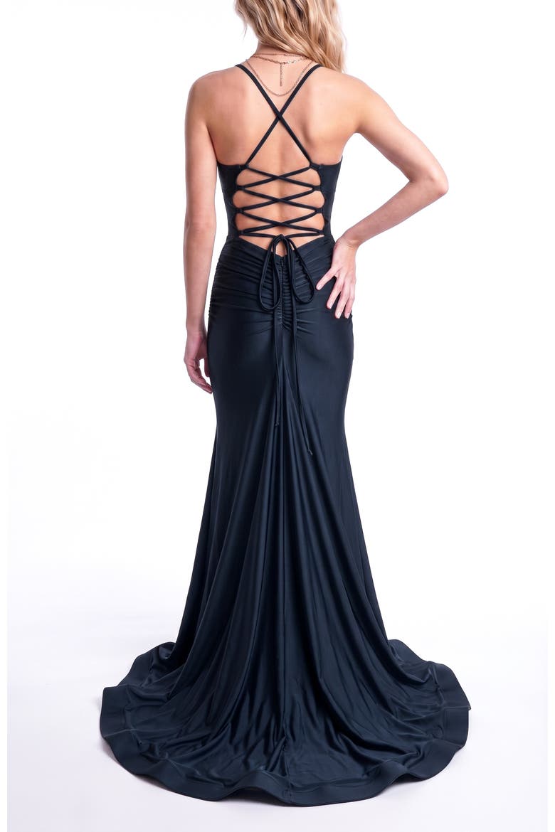 Ruched Cowl Neck Lace-Up Mermaid Evening Gown, Alternate, color, Black