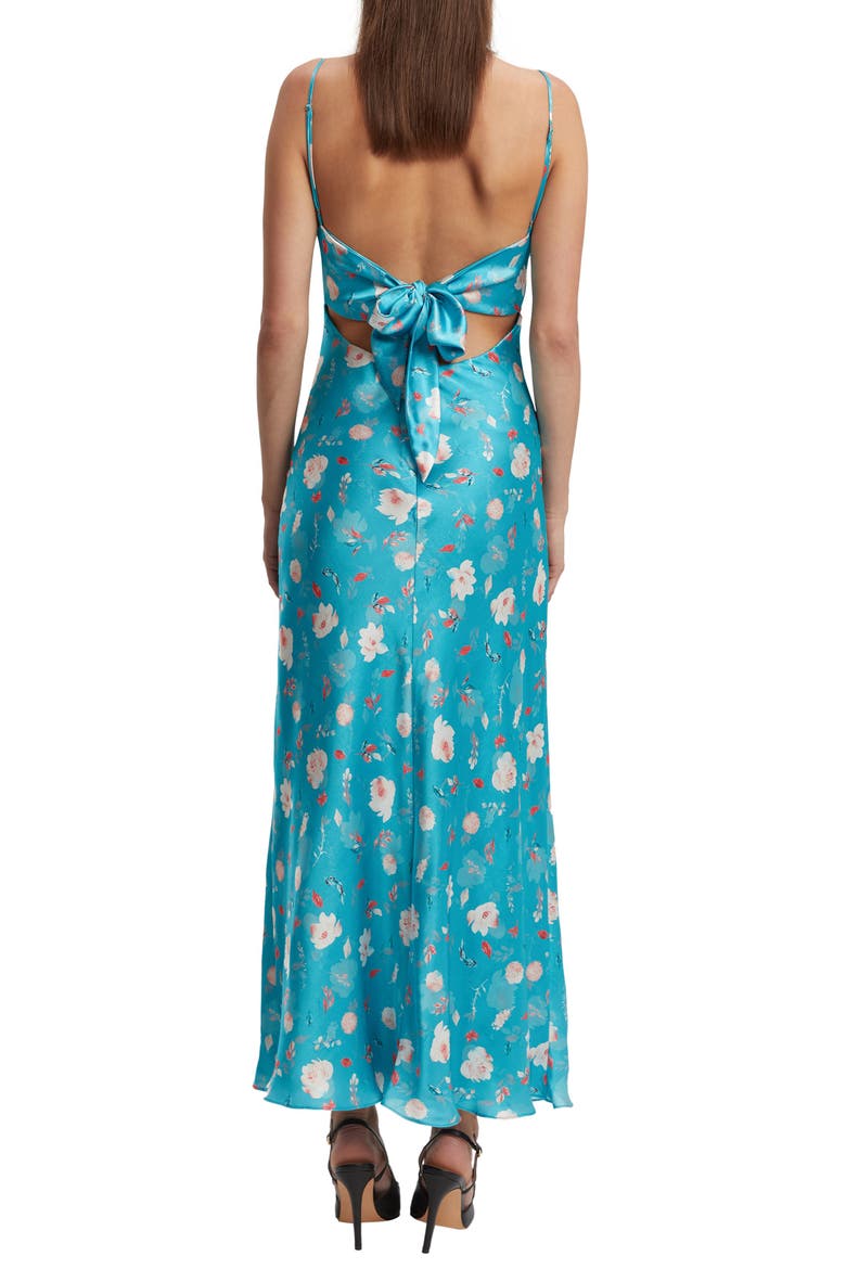 Malinda Floral Tie Back Satin Maxi Dress, Alternate, color, BLUE FLORA