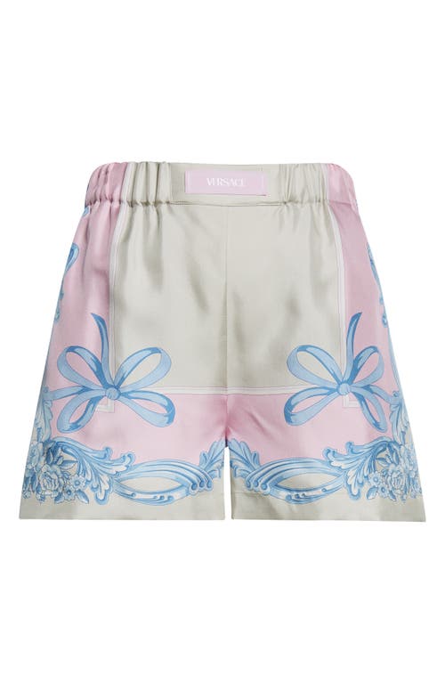 Versace Pink Shorts With Patch Logo On The Front And All-over Graphic Print In Pastel Pink Light Grey