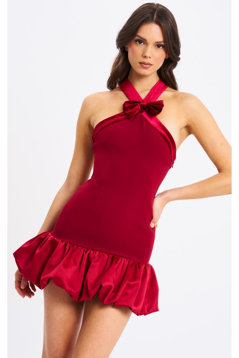 Barbra Cross Straps Bodycon Mini Dress with Bubble Hem, Main, color, Burgundy