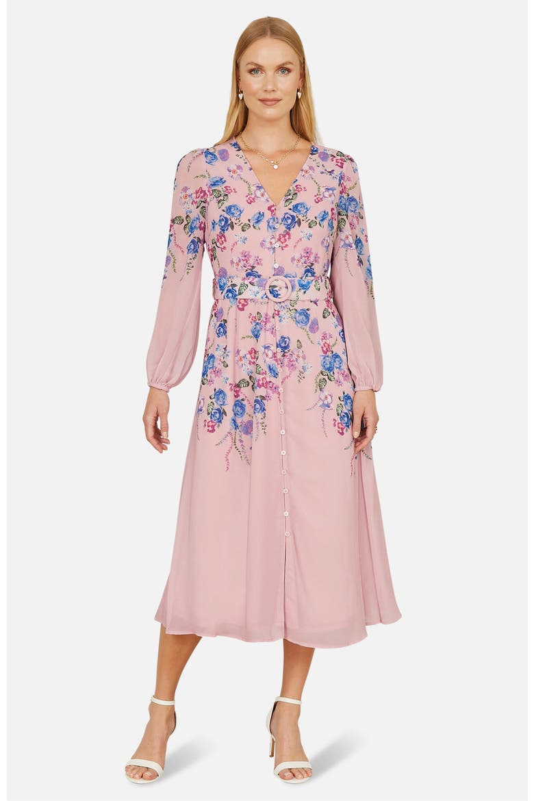 Belted Floral Midi Dress, Main, color, Pink