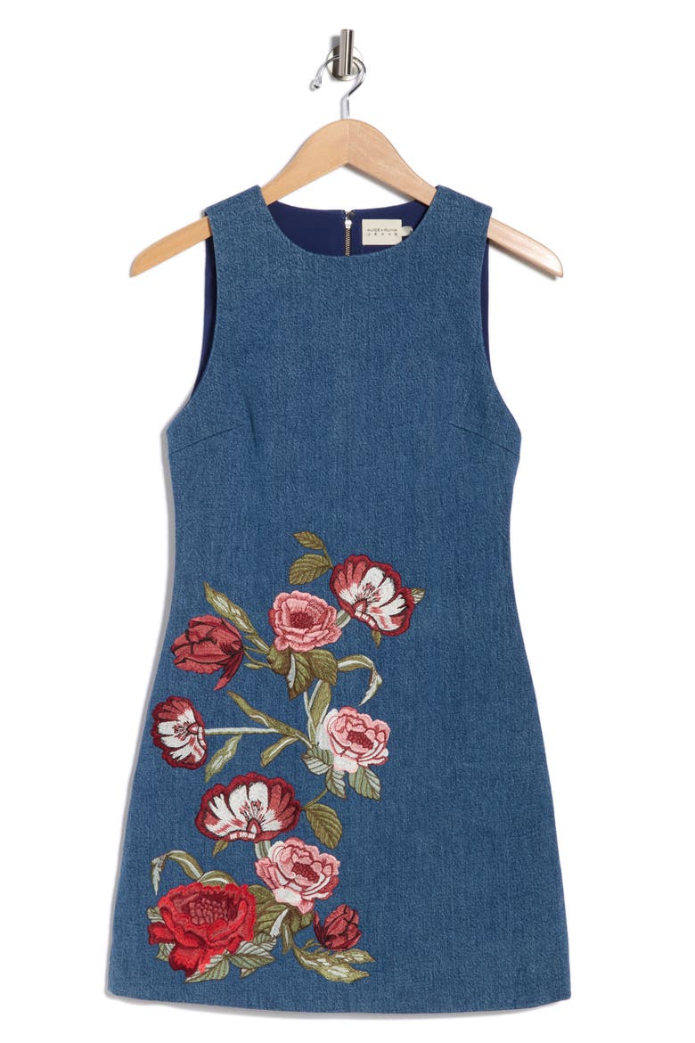 Cade Floral Embroidered Sleeveless Denim Dress, Alternate, color, BROOKLYN BLUE/ MULTI