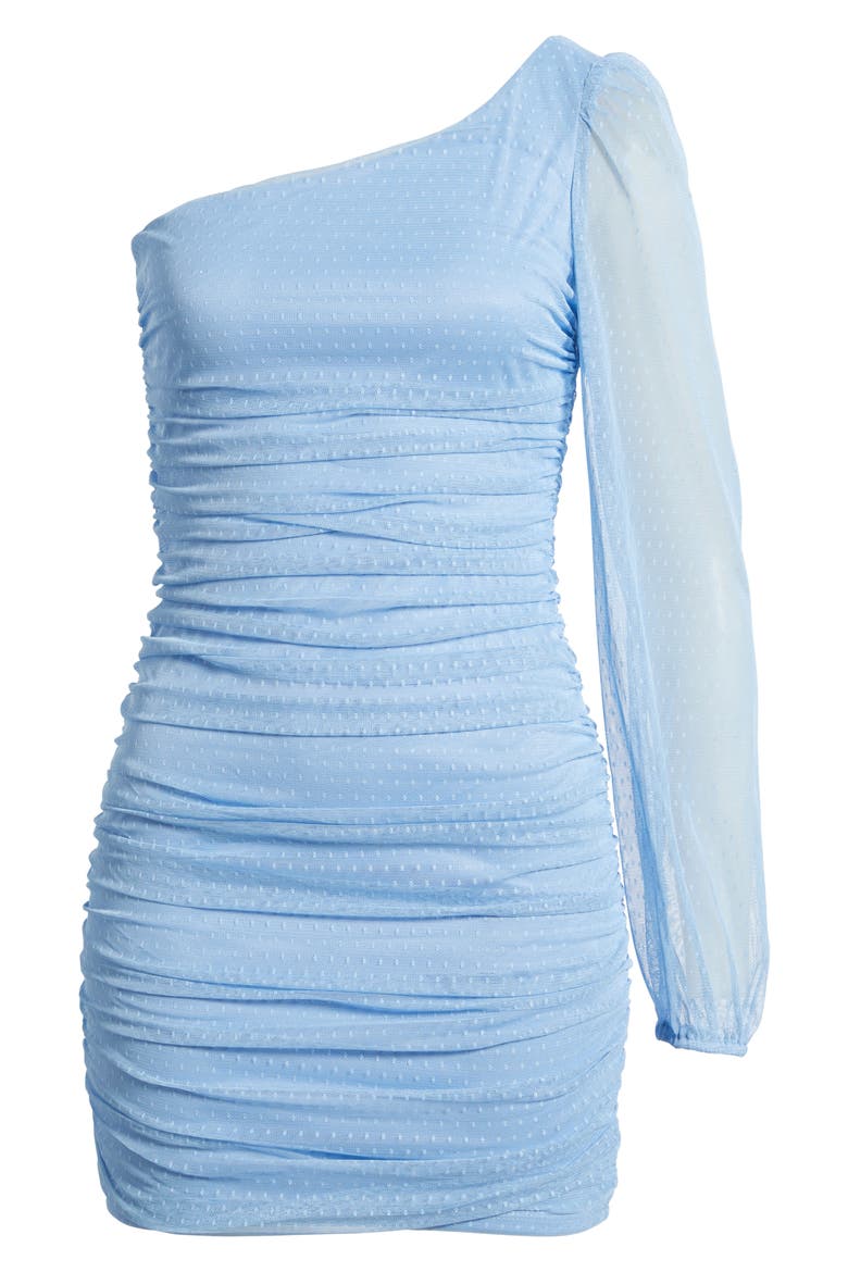 One-Shoulder Swiss Dot Mesh Cocktail Minidress, Alternate, color, LIGHT BLUE