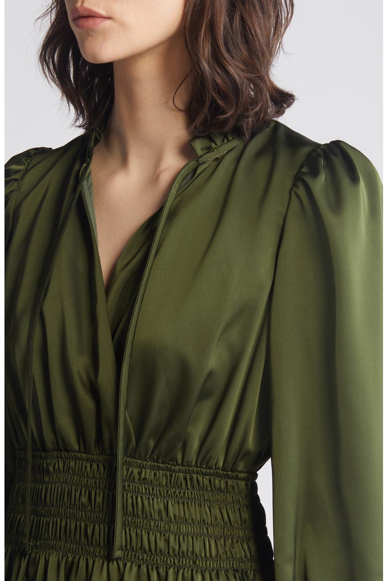 Ruffle Trim Long Sleeve Satin Dress, Alternate, color, OLIVE