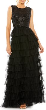 Ieena for Mac Duggal Ruffle Tiered Sequin High Neck Gown