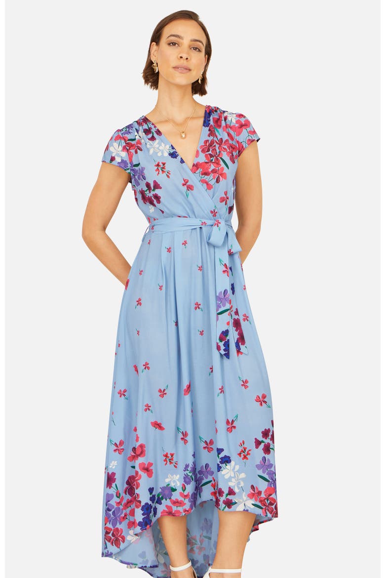 Floral Mirror Dip Hem Wrap Dress, Alternate, color, Blue