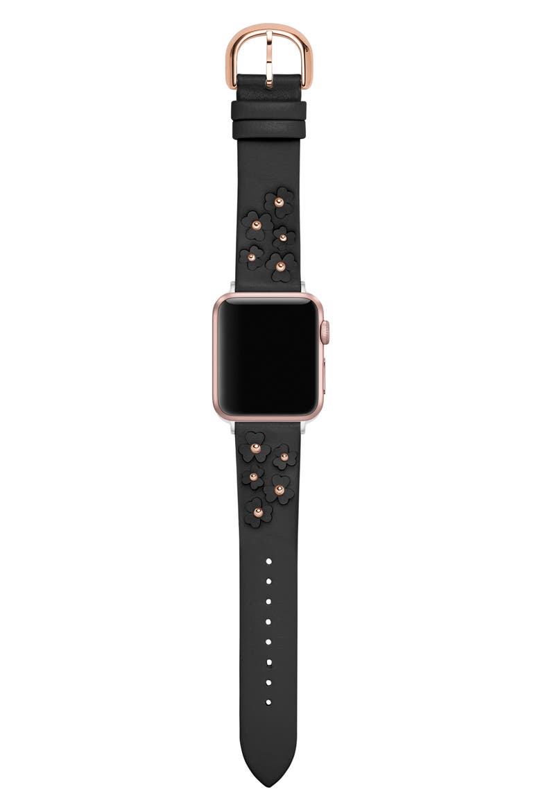floral appliqué Apple Watch® band, Alternate, color, BLACK