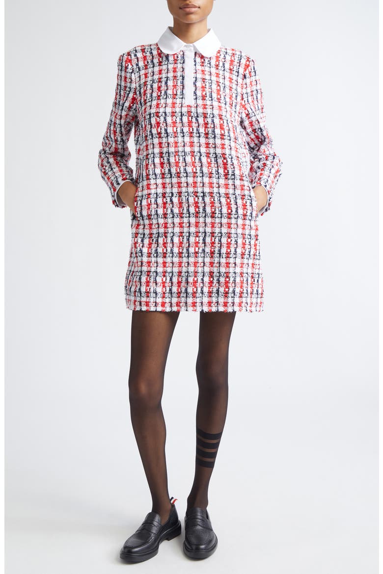 Long Sleeve Bouclé Tweed Dress, Main, color, RED/ WHITE/ BLUE