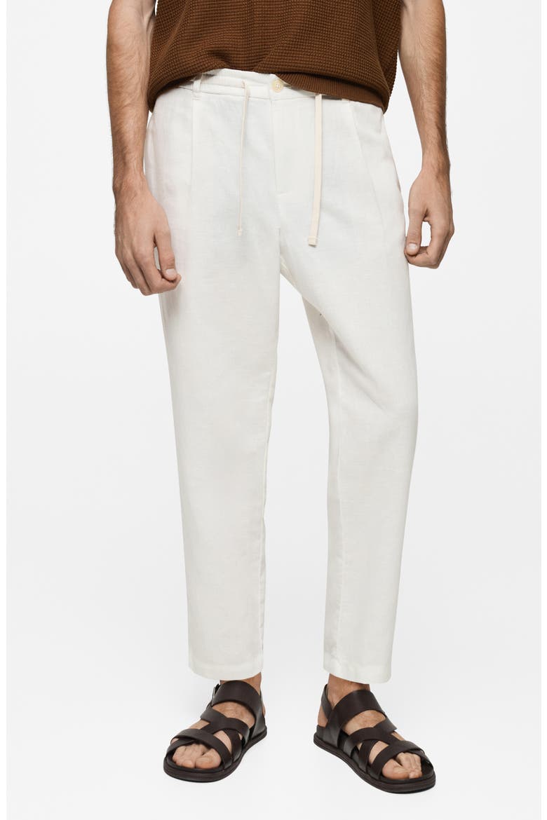 Slim Fit Pleated Crop Linen & Cotton Drawstring Pants, Main, color, WHITE