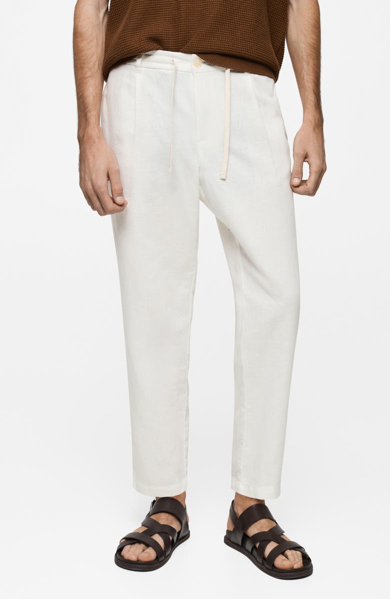 MANGO Slim Fit Pleated Crop Linen & Cotton Drawstring Pants, Main, color, 
