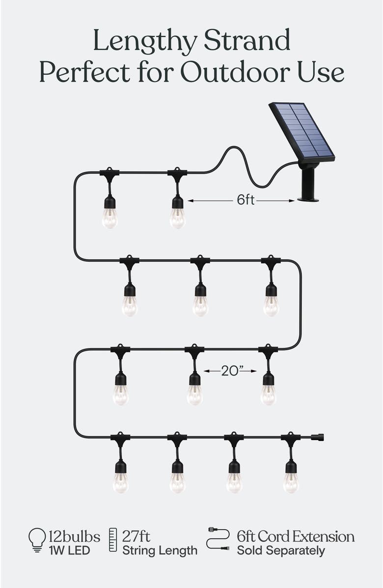 Brightech 27 ft, 12 Light Solar Powered Heavy Duty LED Outdoor String Lights, Shatterproof and Weatherproof Bulbs, Alternate, color, 27 Ft 12 Bulbs | Soft White