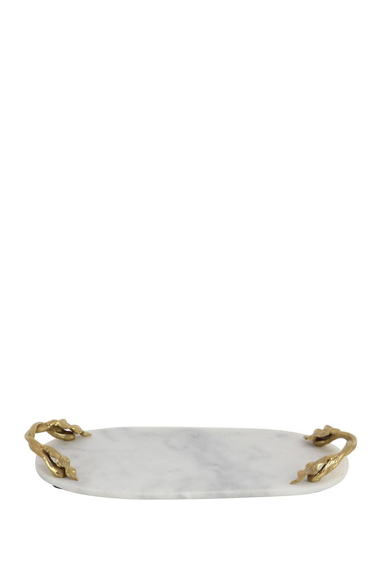White Marble Glam Tray with Goldtone Twisted Leaf Handles, Main, color, WHITE