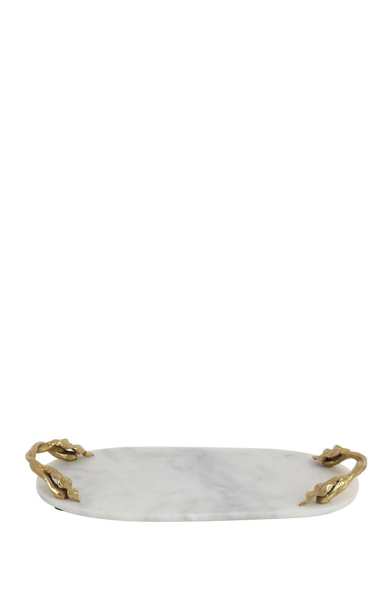 WILLOW ROW White Marble Glam Tray with Goldtone Twisted Leaf Handles, Main, color, White