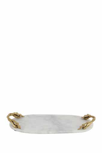 WILLOW ROW White Marble Glam Tray with Goldtone Twisted Leaf Handles