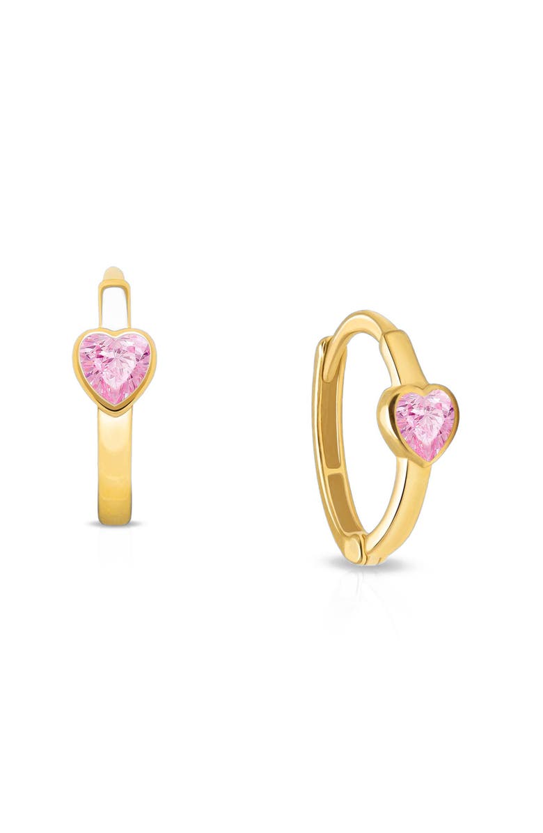 Tiny Blessings 14K Gold True Love Pink Heart Huggie Hoop Earrings, Main, color, 14K Yellow Gold