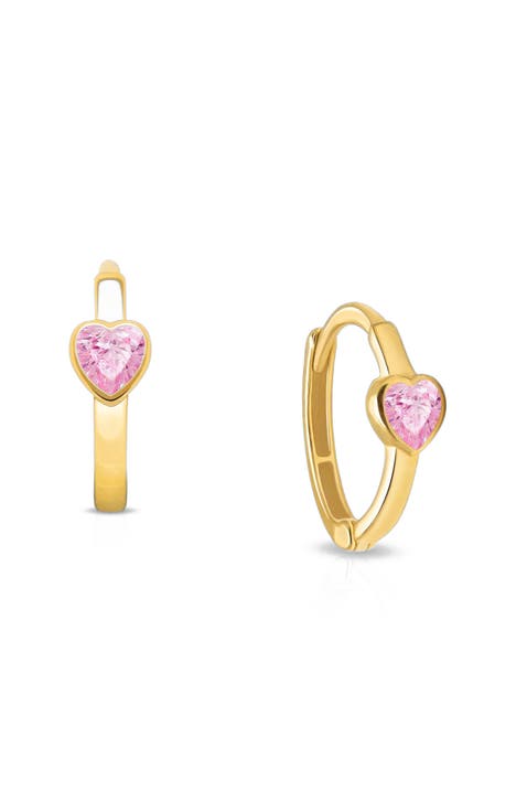 14K Gold True Love Pink Heart Huggie Hoop Earrings