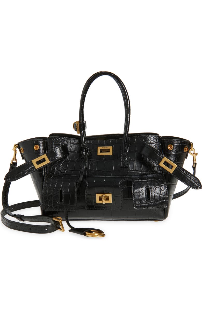 Balenciaga Mini Bel Air Croc Embossed Leather Carry All Tote, Main, color, Black